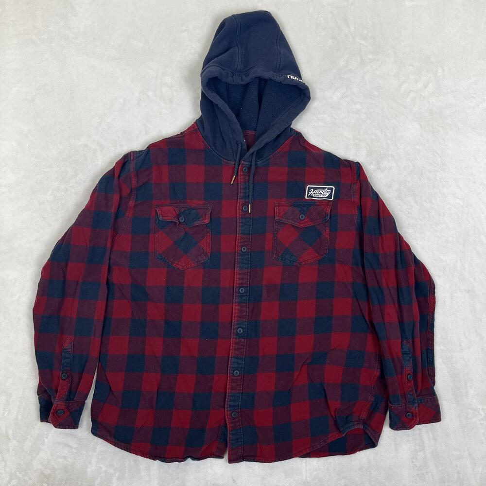 Hurley Shirt Mens 2XL Red Navy Plaid Hooded Flannel Long Sleeve Button Up Casual